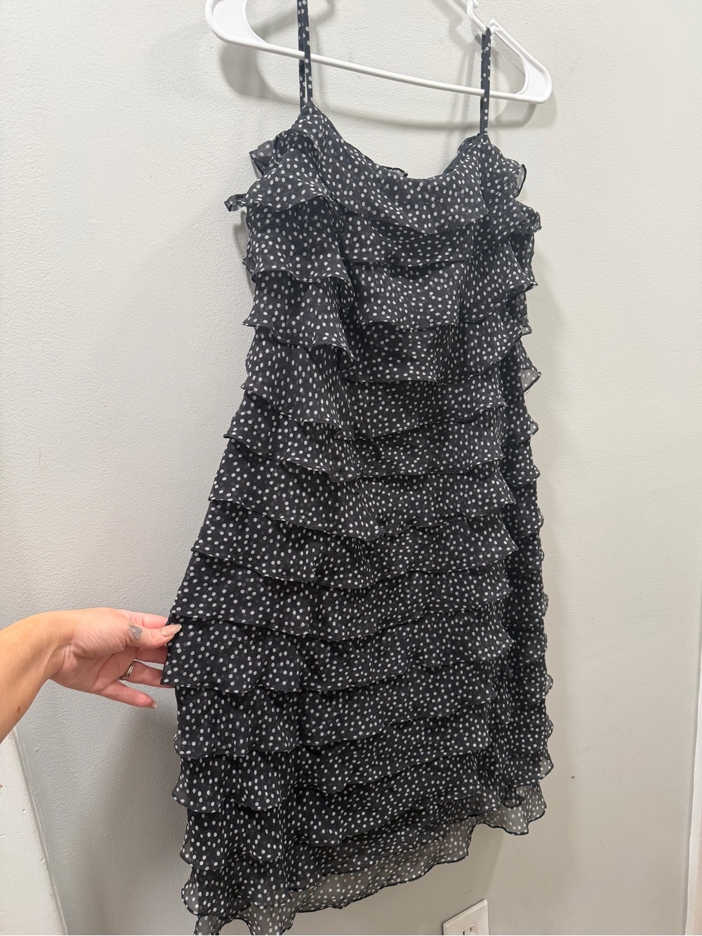 Talbots Black Polka Dot Ruffle Slip Dress midi size 12 pure silk